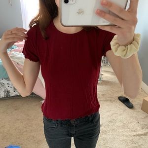 red ruffled top